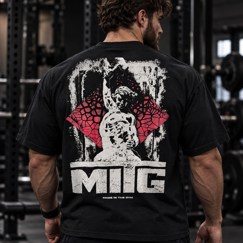Athlete wearing The Making tee with the sculptor graphic on the back
